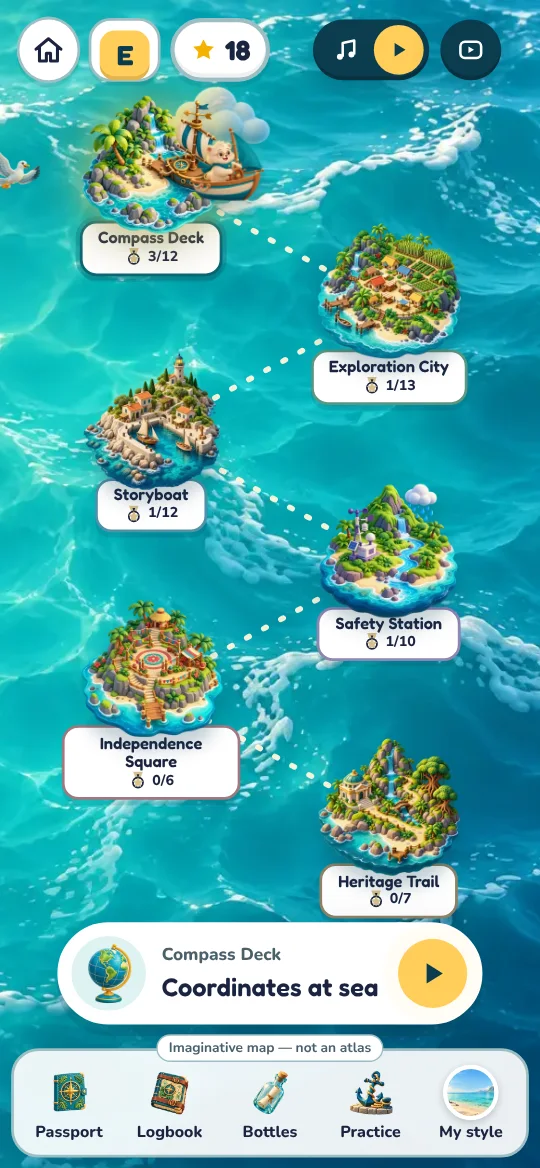Element voyage map with six worlds